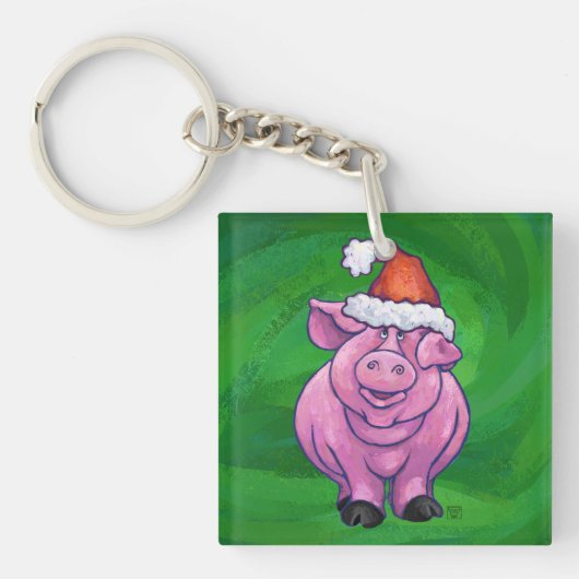Festive Pig in Santa Hat over Groen Sleutelhanger (Voorkant)