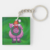 Festive Pig in Santa Hat over Groen Sleutelhanger (Achterkant)