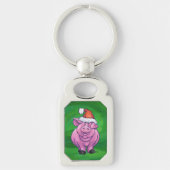 Festive Pig in Santa Hat over Groen Sleutelhanger (Voorkant)