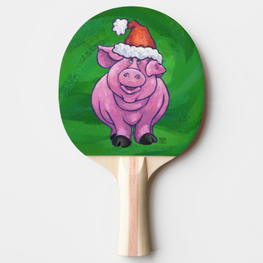 Festive Pig in Santa Hat over Groen Tafeltennisbatje (Voorkant)