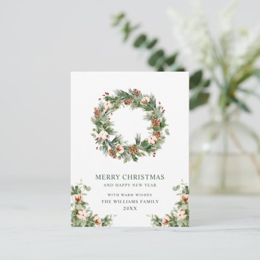 Festive Pine Cones Fir Wreath Merry Kerstmis Feestdagenkaart (Staand voorkant)