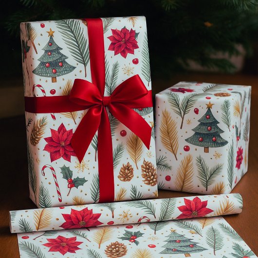 Festive Pine, Poinsettia Christmas Tree Cadeaupapier