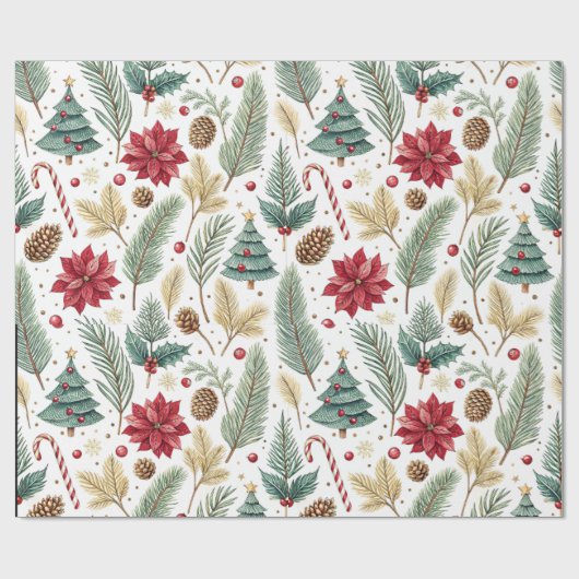 Festive Pine, Poinsettia Christmas Tree Cadeaupapier (Vlak)