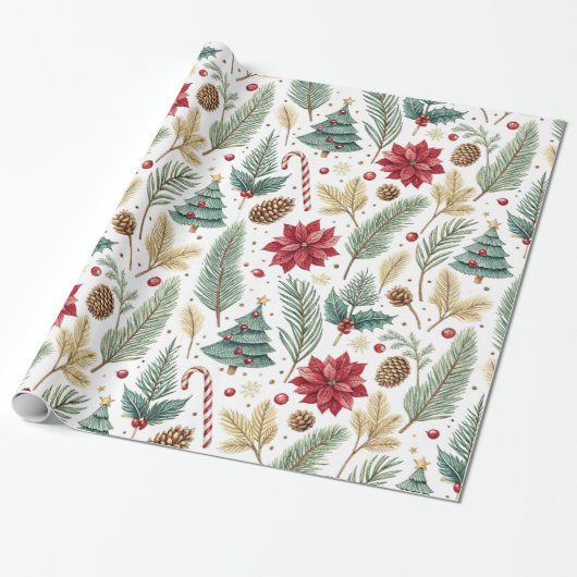 Festive Pine, Poinsettia Christmas Tree Cadeaupapier (Uitgerold)