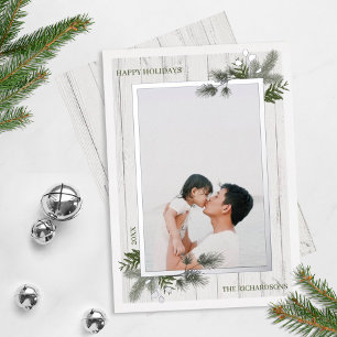 Festive Pine & Rustic White Wooden Shiplap Photo Folie Feestdagenkaart