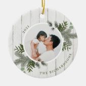 Festive Pine & Rustic White Wooden Shiplap Photos Keramisch Ornament (Voorkant)