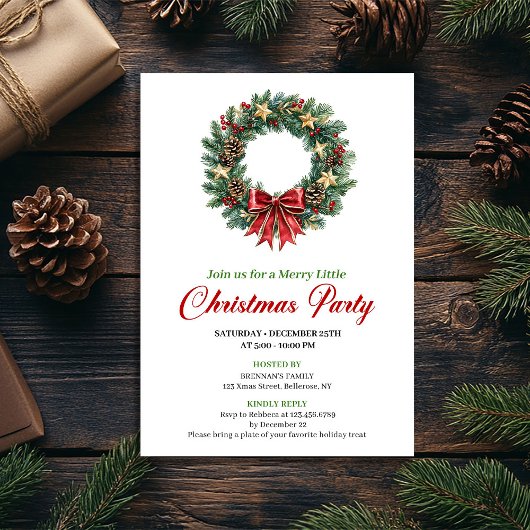 Festive Pine Wreath Christmas Party Invitation Kaart