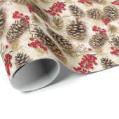 Festive Pinecones and Red Berries – Cozy Seasonal Cadeaupapier (Rol Hoek)