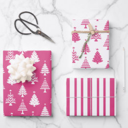 Festive Pink and White Christmas Tree Pattern Inpakpapier Vel