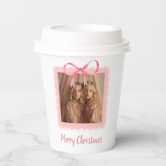 Festive Pink Bow Family Photo Paper Cup Papieren Bekers (Voorkant)