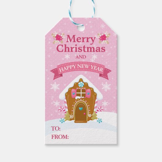 Festive Pink Gingerbrood kerst Cadeaulabel (Voorkant)
