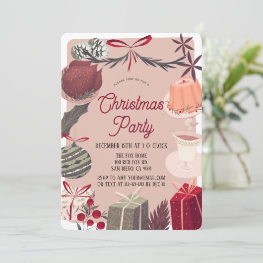 Festive Pink Kerstfeestdag Dinner Party Kaart (Staand voorkant)