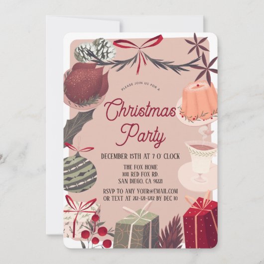 Festive Pink Kerstfeestdag Dinner Party Kaart (Voorkant)