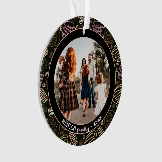 Festive Pink one line art kerstfamilie Foto Ornament (voorkant)