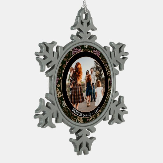 Festive Pink one line art kerstfamilie Foto Tin Sneeuwvlok Ornament (Links)