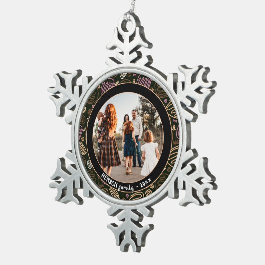 Festive Pink one line art kerstfamilie Foto Tin Sneeuwvlok Ornament (Rechts)