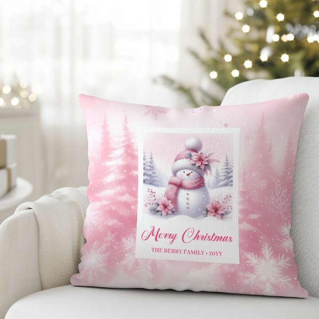Festive Pink Snowman Winter Forest Kids Pillow Kussen (Festive Pink Snowman Winter Forest Kids Pillow)