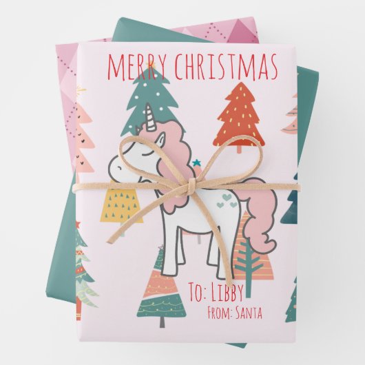 Festive Pink Unicorn Christmas Stars and Plaid Inpakpapier Vel (In situ)