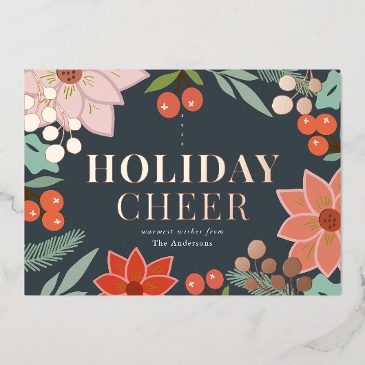 Festive Poinsettia Berry Navy Folie Holiday Kaart (Voorkant)