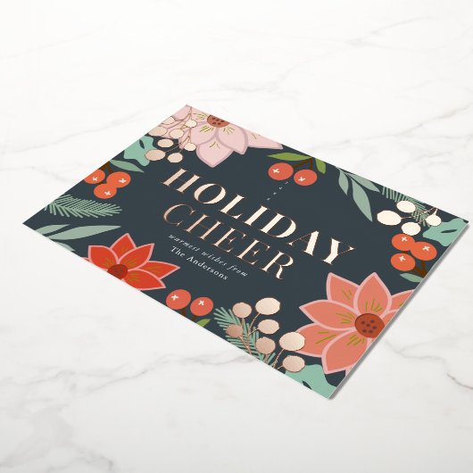 Festive Poinsettia Berry Navy Folie Holiday Kaart (Gedraaid)