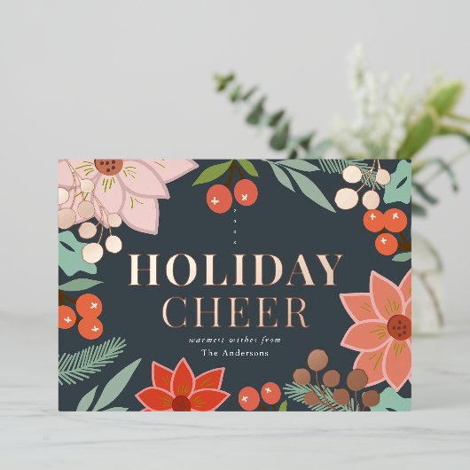 Festive Poinsettia Berry Navy Folie Holiday Kaart (Staand Voorkant)