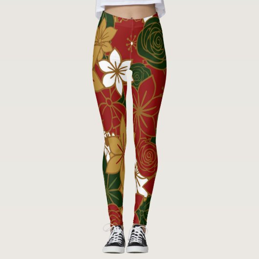 Festive Poinsettia Christmas Floral Leggings (Voorkant)