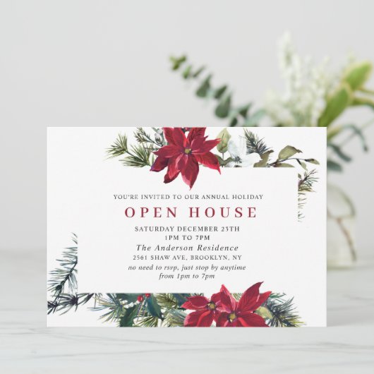 Festive Poinsettia Holiday Kerstmis Open House Kaart (Staand voorkant)