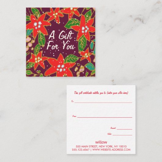 Festive Poinsettia-kerstcadeaubon Vierkante Visitekaartje (Voorkant / Achterkant)