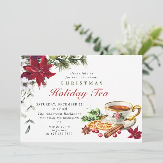 Festive Poinsettia Kerstfeestdag Tea Kaart (Staand voorkant)