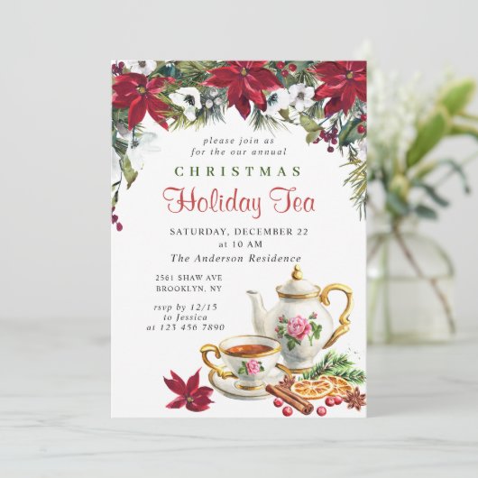 Festive Poinsettia Kerstfeestdag Tea Kaart (Staand voorkant)