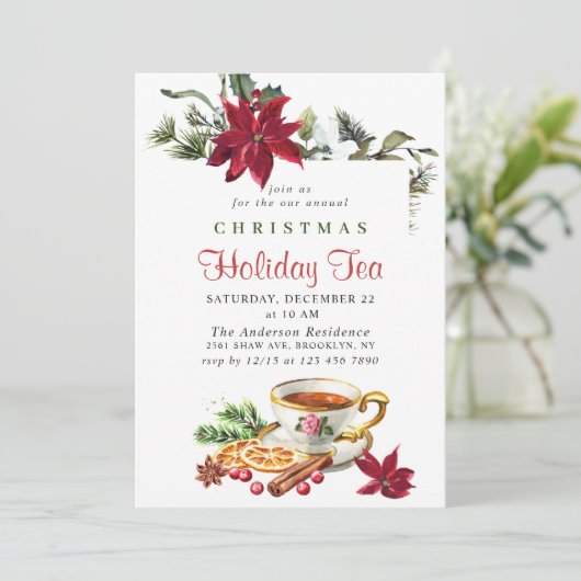 Festive Poinsettia Kerstfeestdag Tea Kaart (Staand voorkant)