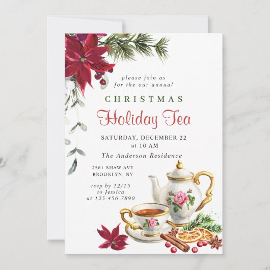 Festive Poinsettia Kerstfeestdag Tea Kaart (Voorkant)