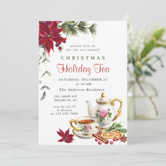 Festive Poinsettia Kerstfeestdag Tea Kaart (Staand voorkant)