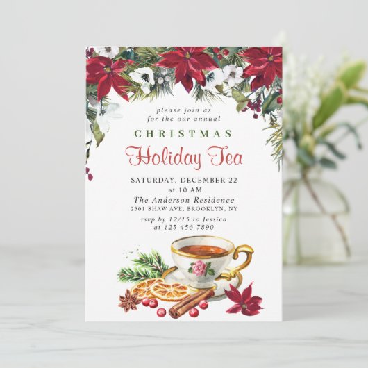 Festive Poinsettia Kerstfeestdag Tea Kaart (Staand voorkant)
