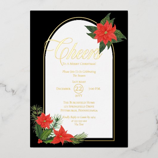 Festive Poinsettias Pine and Holly Kerstparty Folie Uitnodiging (Voorkant)