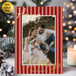 Festive Preppy Red Stripes Photo Christmas Gold  Folie Feestdagenkaart