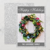 Festive Prettige feestdagen Wreath Gray Silver Gli Feestdagenkaart (Voorkant / Achterkant)