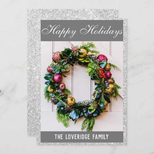 Festive Prettige feestdagen Wreath Gray Silver Gli Feestdagenkaart (Voorkant / Achterkant)