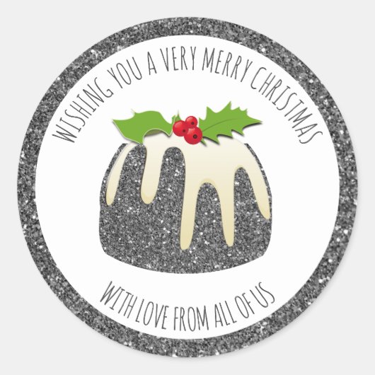 Festive Pudding Silver GLITTER SPARKLE | Kerstmis Ronde Sticker (Voorkant)