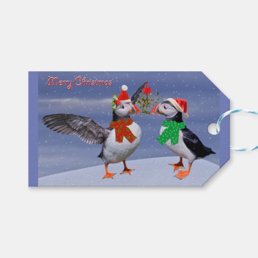 Festive Puffins kerstcadeau Cadeaulabel (Voorkant (Horizontaal))