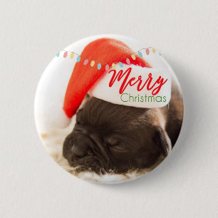 Festive Pug in Red Santa Hat met kerstverlichting Ronde Button 5,7 Cm