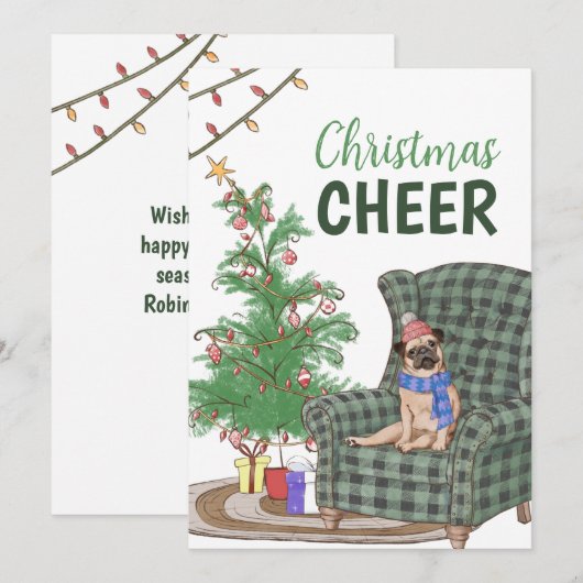 Festive Pug-kerstkaartje met wensen voor feestdag Bedankkaart (Voorkant / Achterkant)
