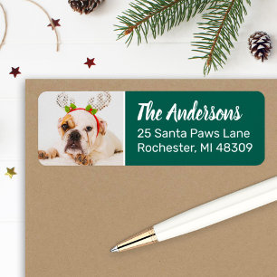 Festive Pup Green Dog Photo Holiday Return Address Etiket