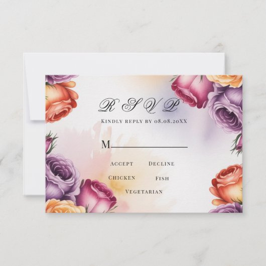 Festive Purple Orange and Red Roses Wedding RSVP Kaartje (Voorkant)