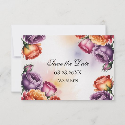 Festive Purple Orange and Red Roses Wedding Save The Date (Voorkant)