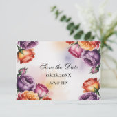 Festive Purple Orange and Red Roses Wedding Save The Date (Staand voorkant)
