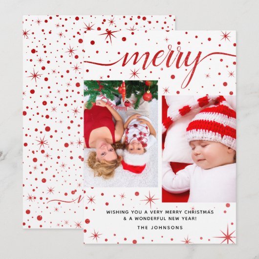 Festive Red 2-foto van Merry kersttypografie Feestdagenkaart (Voorkant / Achterkant)