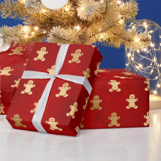 Festive Red and Gold Foil Winter Gingerbrood Man Cadeaupapier (Feestdagen)