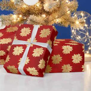 Festive Red and Gold Foil Winter Poinsettia Flower Cadeaupapier