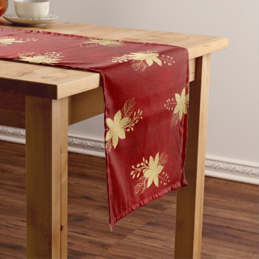 Festive Red and Gold Foil Winter Poinsettia Korte Tafelloper (Voorbeeld)